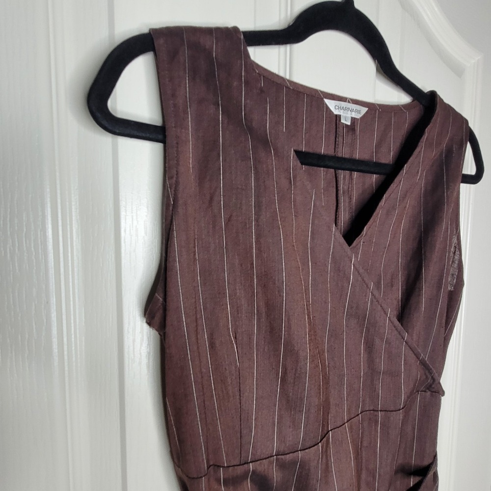 Charivarie L Brown Striped Wrap Dress Sleeveless Belted Midi V-Neck Woven - Picture 4 of 9